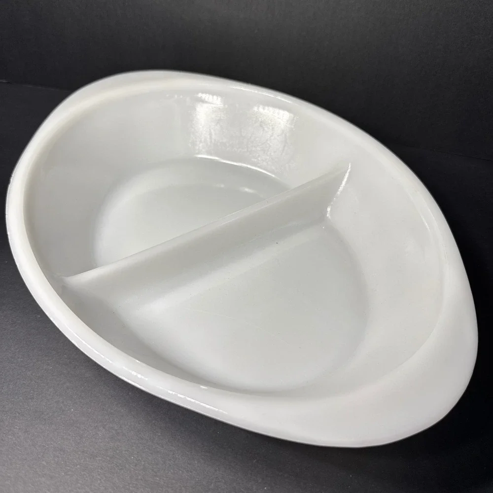 Vintage Glasbake‎ Blue Starburst Divided Serving Dish Milk Glass Oval MCM Bowl
